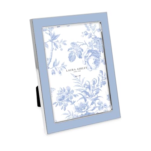 Laura Ashley 5x7 Cashmere Blue Enamel Picture Frame, Silver Metal Edge with Easel, for Countertop, Tabletop Display, Bookshelf, Desk, Wall D??cor, Photo Gallery (5x7, Cashmere Blue W/Silver)