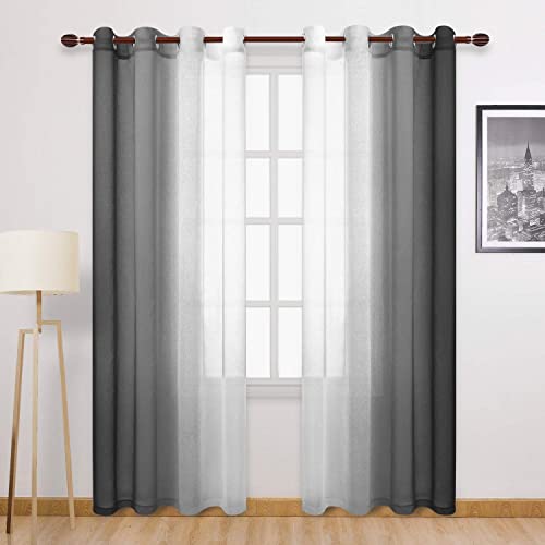 DWCN Ombre Faux Linen Sheer Curtains - Semi Voile Gradient Grommet Top Curtains for Bedroom and Living Room, 52 x 108 Inches Long, Set of 2 Window Curtain Panels, Black