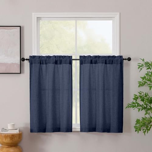 Simplebrand Navy Blue Kitchen Window Curtains Tier 36 Inch Length 2 Panels, Faux Linen Textured Light Filtering Semi Small Cafe Curtains, Farmhouse Rustic Window Treatments for Bathroom Basement