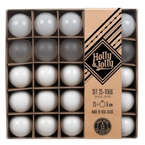 Holly & Jolly Pure White Flow Christmas Baubles, Pack of 25 - Glass Christmas tree baubles, approx. 6 cm, Christmas tree decoration in white, transparent, matt and shiny