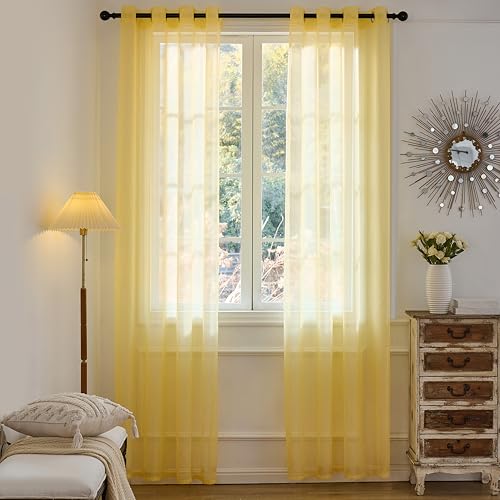 MISSTIAM Foil Stripe Mustard Yellow Sheer Curtains 84 inches Length 2 Panels with Grommets 52 inches Widith, Semi Transparant Curtains for Living Room and Other Rooms, Light Filtering Window Treatment