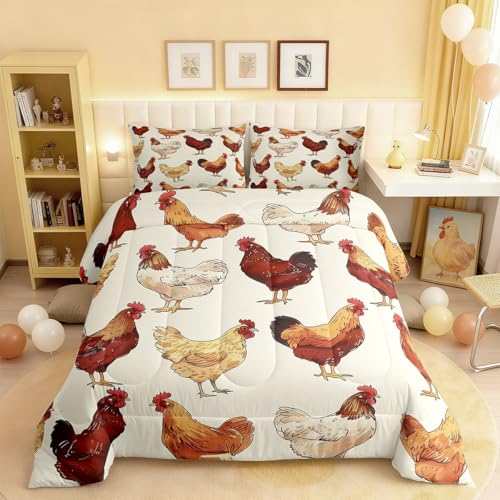 jejeloiu Chicken Bedding Set Poultry King Size Rural Rooster Duvet Set for Boys Girls Teens Farm Animals Comforter Breathable Soft Lightweight Microfiber Room Decor Duvet Quilt
