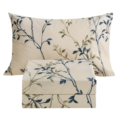 JSD Beige Leaves Print Single Bed Sheet Set, 3 Piece Soft Botanical Microfiber Sheets Extra Deep Pocket