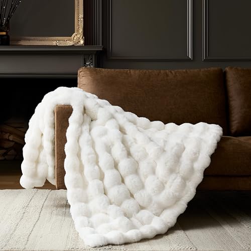 WDCOZY Luxury Bubble Throw Blanket, Faux Fur Mink Plush Throw for Couch, Sofa and Bed, Soft Fluffy Fuzzy Furry Cozy Blanket, Thick and Warm, 60x80 inches, Ivory