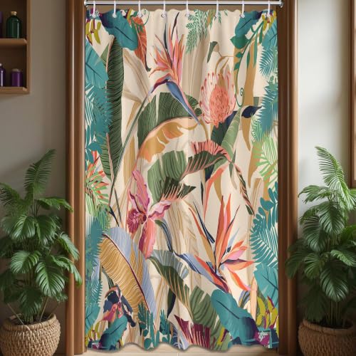 DLTAY Tropical Shower Curtain Colorful Palm Leaf Shower Curtains for Bathroom Decor, Waterproof Fabric Set with Hooks, 48x72 Inch