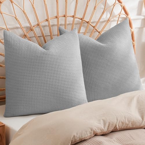 "PHF 100% Cotton Waffle Weave Throw Pillow Cover, 24"" x 24"", 2 Pack Elegant Home Decorative Square Throw Pillow Covers for Bed Couch Sofa, Light Grey"