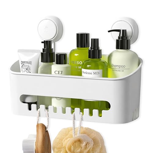 Zuvo Shower Caddy with Suction Cups, No Drill Bathroom Shelf, White - Suction Cup Shower Organiser, Removable Basket, 10 kg Capacity, 30 x 21 x 8.5 cm, Plastic, Rectangle