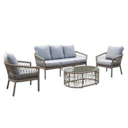 Aluminium Garden Furniture Set 5 Seater Natural Beige Outdoor Patio Sofa Set - Woven Rattan Sofa, Armchairs, Tempered Glass Top Coffee Table, Thick Cushions for Lounge Conservatory Balcony Seating