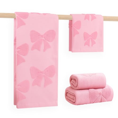 4 PCS Cotton Towel Set Contain 2 Hand Towels 14x30in & 2 Wash Coths 14x14in - Pink Soft Bathroom Bow Towel Set, Highly Absorbent & Lightweight, Preppy Bath Decor Wedding Gift