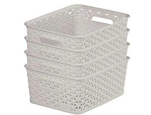 Curver My Style Rattan Effect Set of 4 Kitchen, Living room, Bathroom, Bedroom, Utility Small Rectangular Storage Baskets 4 Litres - Light Grey