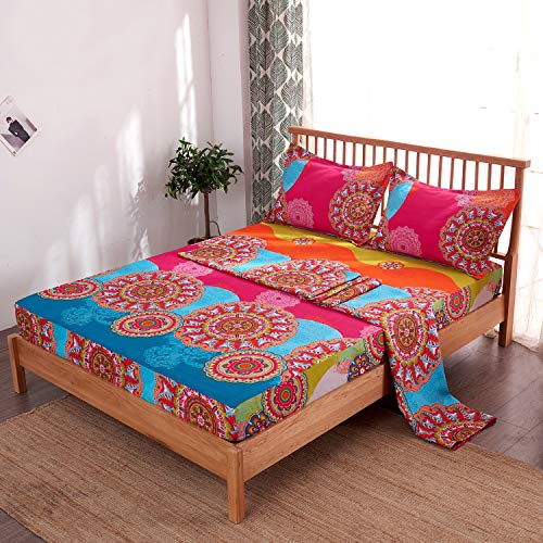 Pangzi Bohemian Retro Bedding Sheet Set,1 Fitted Sheet, 1 Flat, 2 Pillow Cases - 4 Piece (King, Rose Pink)