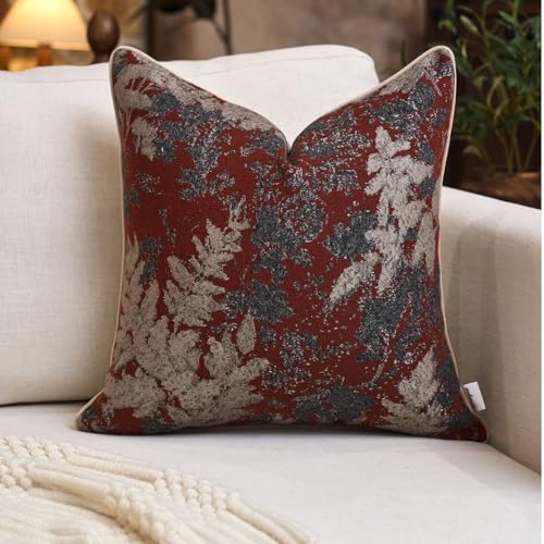 Yangest Neutral Leaf Pillow Cover 18 x18 Inches, Vintage Chenille Square Throw Pillow Cover Soft Leaves Nature Accent Couch Pillow Cover for Living Room Bedroom, Red