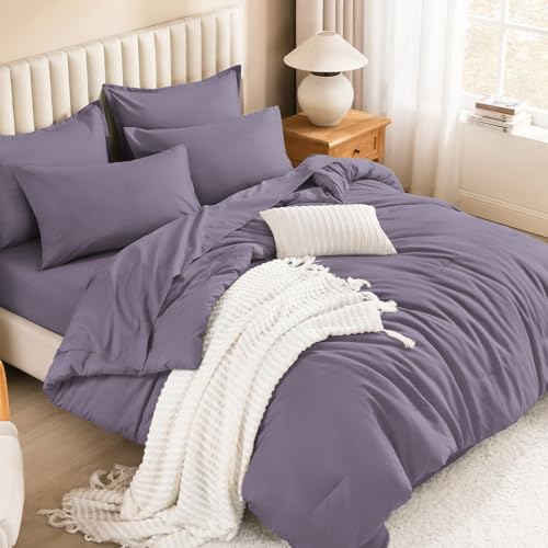 Litanika California King Comforter Set Grey Purple - 7 Pieces Bed in a Bag Cal King Bedding Comforter Sets, Plain Lightweight Bed Set with Comforter, Sheets, Pillowcases & Shams