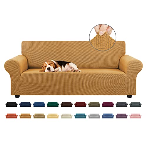 "KEKUOU Stretch Sofa Cover Slipcover ???Couch Covers for 3 Cushion Couch Sofa (79""-94"") Furniture Protector 3 Seater Sofa with Elastic Bottom for Kids,Dog, Jacquard Small Checked(Large,Golden)"