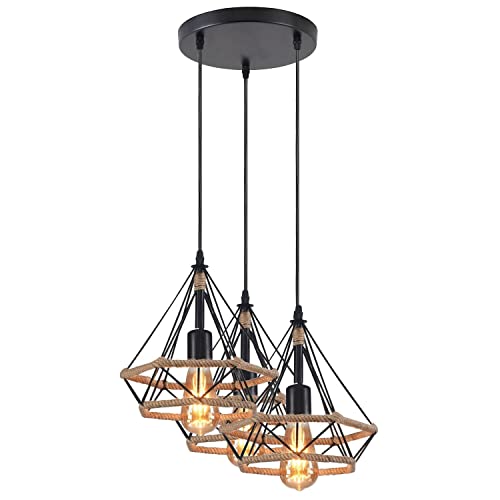 LEDSone 3 Head Round Vintage Industrial Hemp Metal Hanging Diamond Light Shade Loft Style Metal Ceiling Pendant Lamp for Kitchen Island, Living Room, Dining Room, Bar E27 UK Holder (Round)
