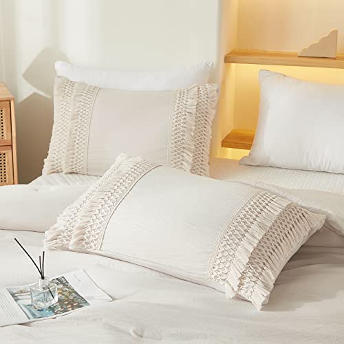 Beige Gray Tassel Pillowcases, Cream Boho Pillow Cases Set of 2, 100% Washed Microfiber, Beige Macrame Tassel Pillow Cover, 2 Pack (Queen, Beige Tassel)