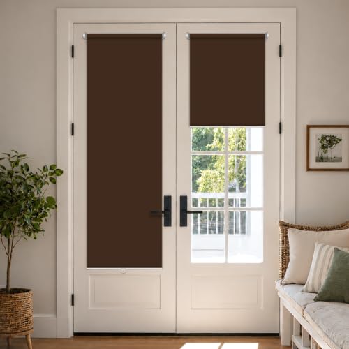 LazBlinds No Tools No Drill Cordless Roller Shades, 100% Blackout Roller Blinds for Windows, Thermal Insulated UV Protection Waterproof Roll Up Window Blinds and Shades, 25'' W x 72'' H, Brown