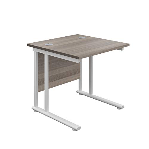 Office Hippo Heavy Duty Rectangular Cantilever Office Desk, Home Office Desk, Office Table, Integrated Cable Ports, PC Desk For Office or Home, 5 Yr Wty - White Frame/Grey Oak Top, 80cm x 80cm