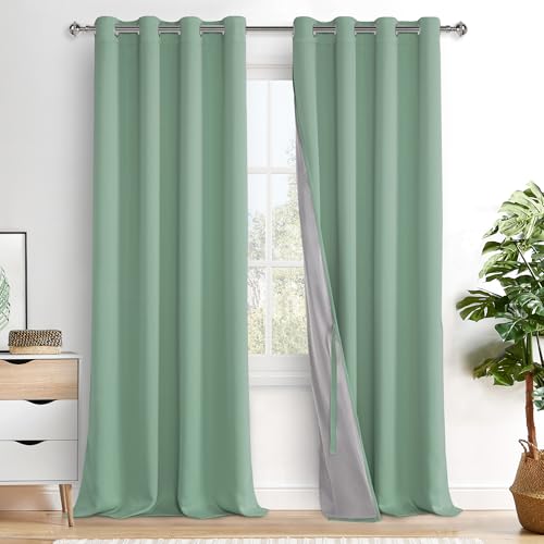 XWZO 100% Blackout Curtain Panels - Thermal Insulated Black Liner Curtains, Noise Reducing and Heat Blocking Drapes for Hall and Studio Windows with Tiebacks, Light Sage, W52 x L95, Set of 2