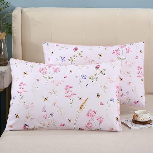 YOU SA 100% Cotton Pillowcases Flowers Pattern Bed Pillow Covers Queen Size Pink Pillow Cover Set of 2 (Queen Size, 20x30 Inches)