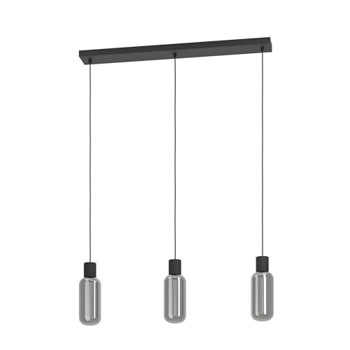 Eglo Pendant Lamp Maione, Smoked Glass Above Dining Table, 3-Light Ceiling Light Hanging, Black Metal and Grey Tinted Glass, E27 Socket, 77 cm Length