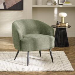 Julian Bowen Dahlia Accent Chair, Faux Linen, Green - W74 x D72cm - Modern Olive Armchair with Black Metal Legs, Soft Curved Backrest, Upholstered Occasional Seating for Living Room & Bedroom