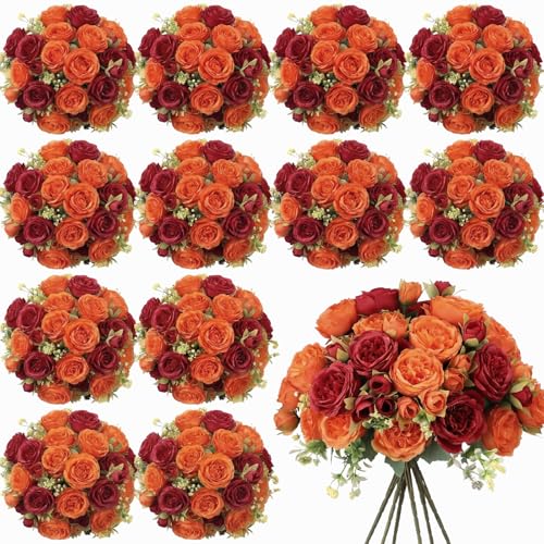 Geosar 16 Bundles Artificial Peonies Flowers Fake Silk Peony Bouquet Faux Peonies Flowers Bulk for Decoration Vase Floral Arrangements Wedding Party Table (Orange,Dark Red)