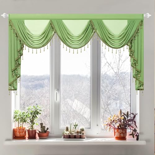 "Leeva Forest Green Voile Valance 79"" Wide, 3 Swags Waterfall Valance with Beaded Fringe, Airy Voile Sheer for Living Room Archways Bedroom"
