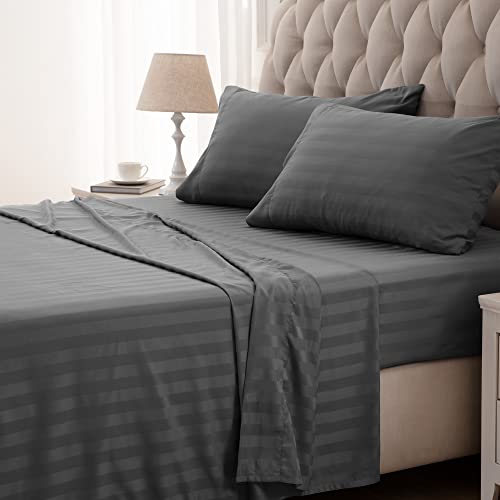 SLEEP ZONE Striped Cooling Sheets Set Full Size - Fitted Flat Sheet & Pillowcase Sets 4 Piece - Super Soft Stripe Bed Sheet, Easy Care, Deep Pocket (Gray, Full)