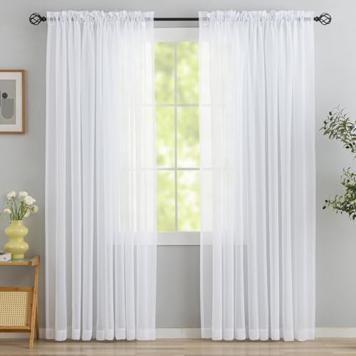 "Extra Wide Sheer Curtains White 84 Inches Long, Window Treatments Rod Pocket Volie Drapes for Living Room/Bedroom, 108 IN Width Semi Outdoor Curtain Panels for Patio, Lawn, Garden, 108""x 84"", 2 Panels"