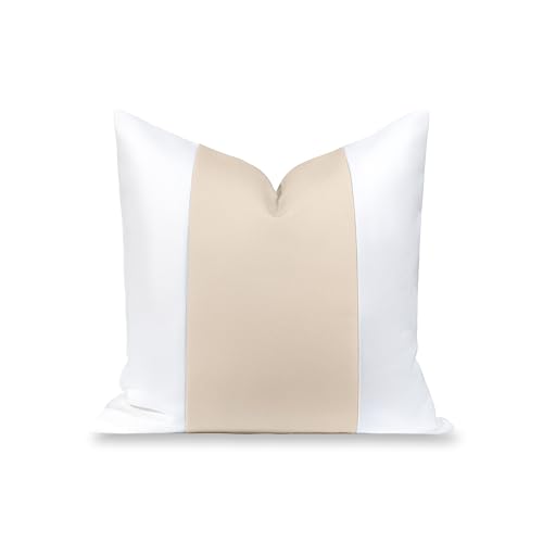 "Hofdeco Premium Coastal Hampton Patio Indoor Outdoor Throw Pillow Cover Only, 20""x20"" Water Repellent for Backyard, Couch, Poolside, Neutral Tan Print Color Block"