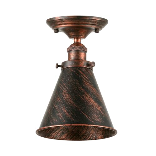 LEDSone Vintage Industrial Ceiling Light, E27 Flush Mount Metal Lamp, 18cm Rustic Red Conical Shade, Rustic Lighting Fixture for Kitchen, Bedroom, Dining Room