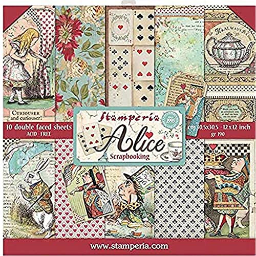 "STAMPERIA Block 10 Sheets 30.5x30.5 (12""x12"") Double Face Alice, Multicoloured"