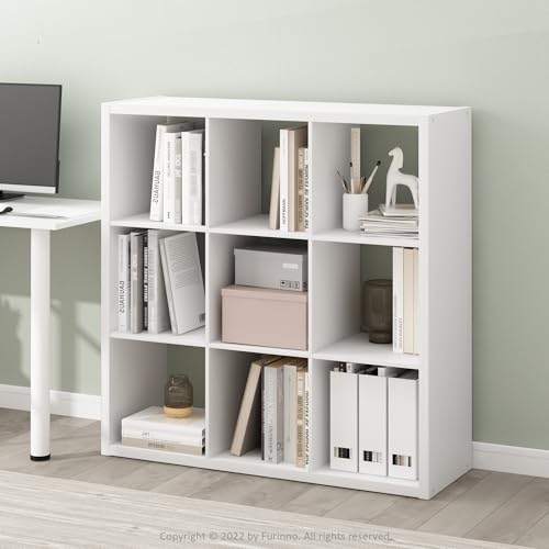 Furinno CUBICLE Book Shelf, 9-Cube Bookshelf, Extra Thick Frame Reversible Bookcase with Open Back, 37.08 x 111.76 x 111.76 cm, for Living Room, Bedroom, Home Office, Plain White