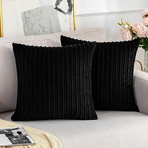 UGASA Striped Corduroy Throw Pillow Case Decorative Throw Pillow Cover for Sofa 2 Pieces 20 x 20 Inches Black