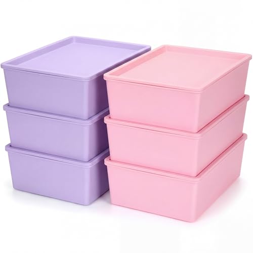 Menkxi 6 Pcs Plastic Storage Bins with Lids Stackable Storage Containers Durable Box Baskets for Organizing Shelves Playroom Classroom Office(Pink, Purple,Large)