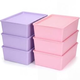 Menkxi 6 Pcs Plastic Storage Bins with Lids Stackable Storage Containers Durable Box Baskets for Organizing Shelves Playroom Classroom Office(Pink, Purple,Large)