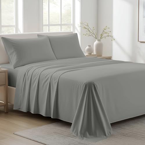 "Ashton Sheets 100% Organic Cotton Sheets California King Size - 4 PC Organic Cotton Cal King Size Percale Weave Sheet Set, Soft, Cooling & Crisp, 16"" Deep Pocket Hotel Quality Bedding Set - Dark Grey"