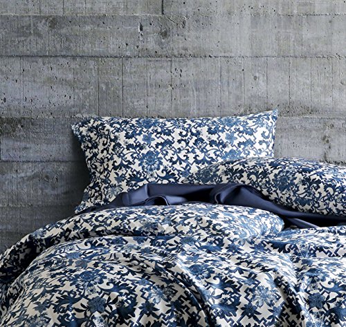 Luxury Duvet Cover Vintage Portuguese Tiles Multicoloured Azulejos Medallion Denim Blue Pattern 3-Piece Cotton Bedding Set (King, Pottery Navy)