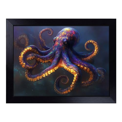 Lap Tray with Bean Bag Cushion, Octopus Artwork - Handmade in the UK, Raised Wooden Edge, Padded Cushion, Heat-Resistant Wipe-Clean Surface, for Meals, Laptops and Crafts