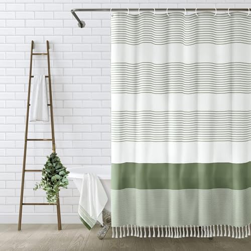 Awellife Boho Sage green Shower Curtain for Bathroom Stripe Tassel Shower Curtain 72 X 72 Inches Farmhouse Linen