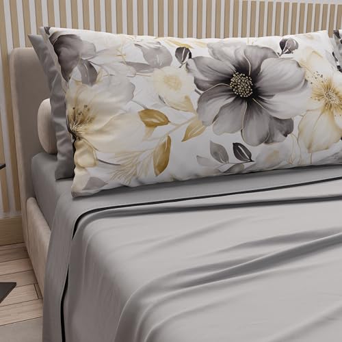 PETTI Artigiani Italiani - Cotton Sheets with Pillowcases in Digital Print, Single Sheet, Floral Design 28 Light Grey, 100% Made in Italy