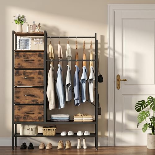 Feonase 117 cm Tall Chest of Drawers Bedroom, 4 Fabric Dresser with 2 Hanging Rail, Coat Hooks & Double-layer for Shoe Rack, Dresser for Bedroom for Bedroom and Entryway by Amazon | uFurnish.com Feonase 117 cm Tall Chest of Drawers Bedroom, 4 Fabric Dresser with 2 Hanging Rail, Coat Hooks & Double-layer for Shoe Rack, Dresser for Bedroom for Bedroom and Entryway by Amazon | uFurnish.com