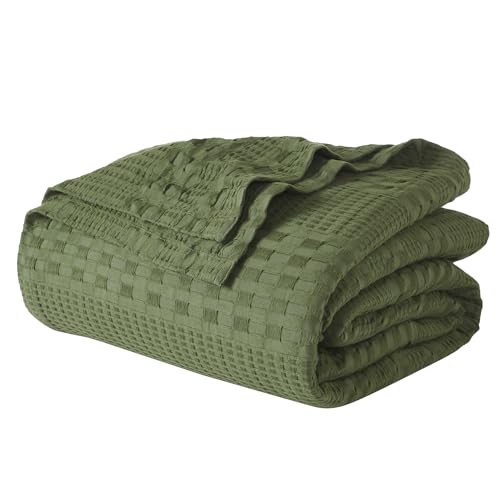 VHC Brands Waffle Weave Olive Green Blanket for King Mattress Farmhouse Decor 90Lx108W