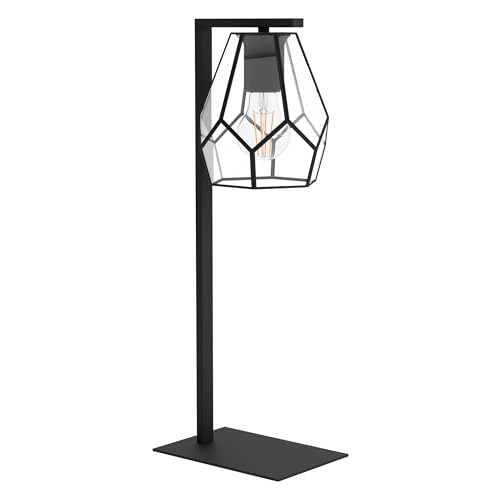 Eglo Bedside lamp Mardyke, Industrial Table Light Made of Clear Glass and Black Metal, Living Room Lighting with Switch, E27 Socket