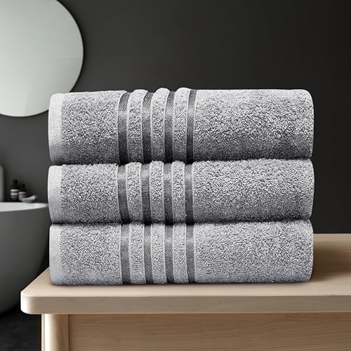 GC GAVENO CAVAILIA Stripe Towels Bath Sheets 3Pack - 90X150 Cm 550 GSM Grey Bath Sheets Extra Large For Bathroom, Spa - Quick Dry & Highly Absorbent, Washable Cotton Towels Set XL Bath Sheet