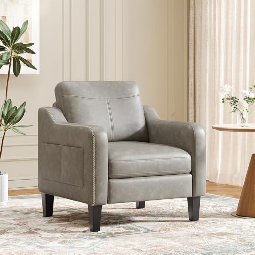 Arm Chairs for Living Room Set of 1, Accent Chair with Side Storage Pocket, PU Leather Armchairs with Thick Cushion, Anti-slip Solid Plastic Legs Single Sofa Chair for Bedroom, Grey