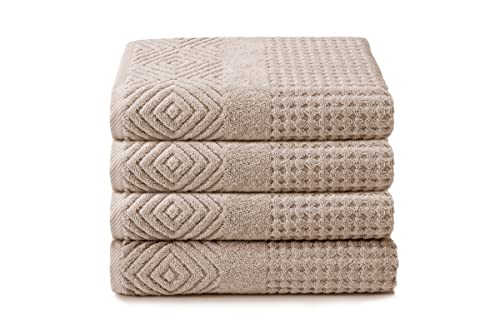 Texere 100% Organic Cotton Diamond Jacquard 700 GSM Luxury Bath Towel Sets - Ultra Soft and Absorbent Hotel and Spa Quality (Diamond, Oxford Tan, 4 Bath Towels)