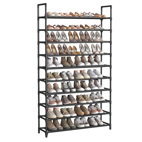 SONGMICS 10-Tier Shoe Rack, Shoe Stand, Space-Saving Shoe Storage, 29 x 100 x 175 cm, Metal Frame, Non-Woven Fabric Shelves, for Hallway, Bedroom, Black LSR10BK