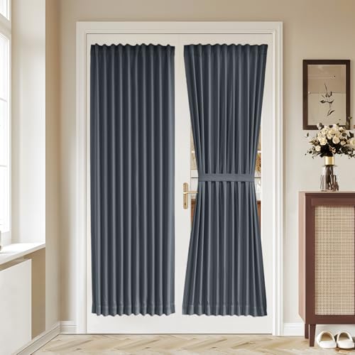 Vatge Blackout French Door Curtain - Room Darkening Thermal Insulated Drapes for Bedroom & Kitchen Door, 1 Panel, W36 x L72, Grey